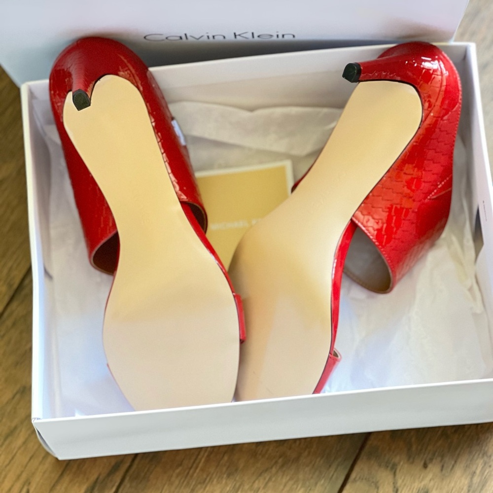 Calvin Klein Red Patent Two-Strap Sandal Heels - Picture 5 of 5